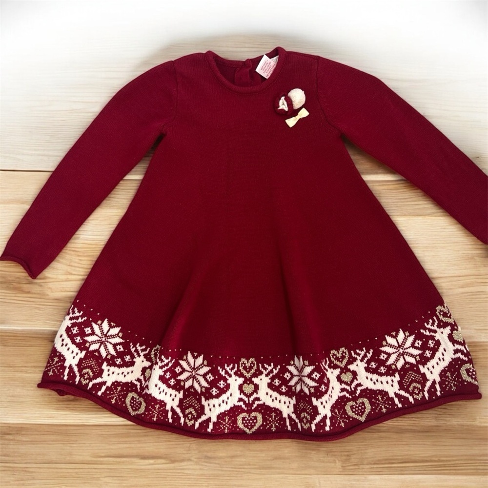 Elegant Burgundy Kids Dress with Reindeer Pattern